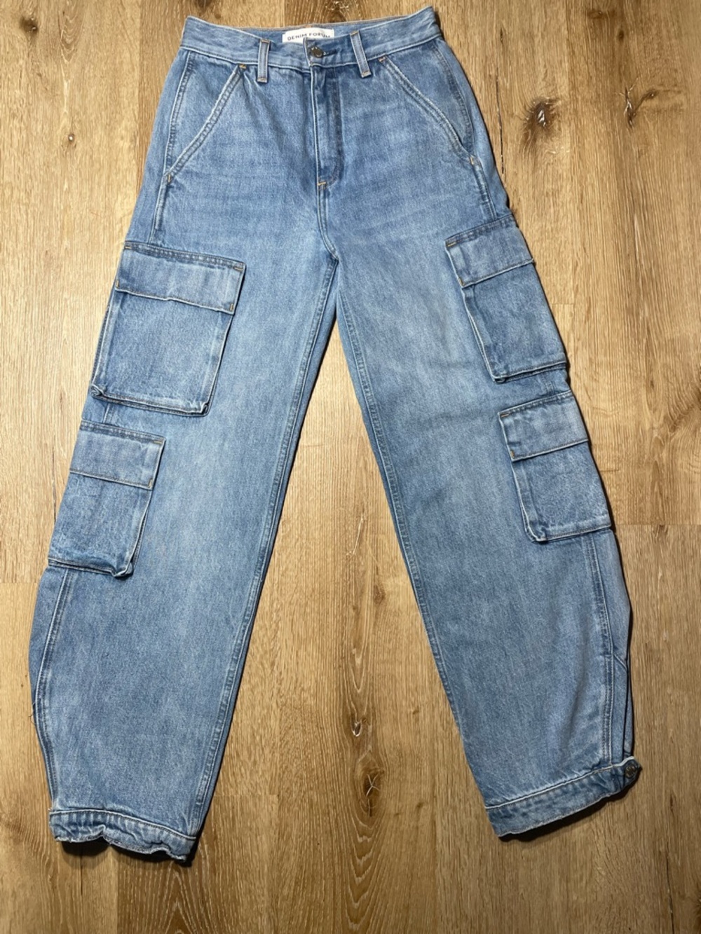Denim Forum Light Blue Straight-Leg Cargo Jeans